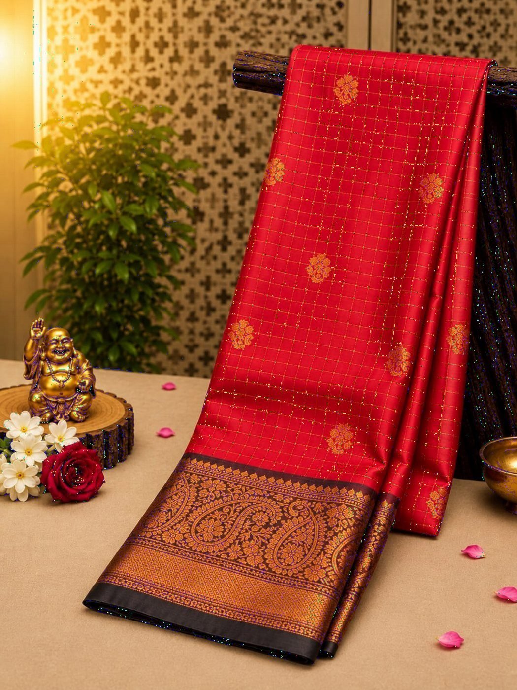Checked Soft Silk Saree with Zari Buttas