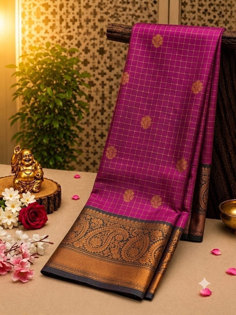 Checked Soft Silk Saree with Zari Buttas