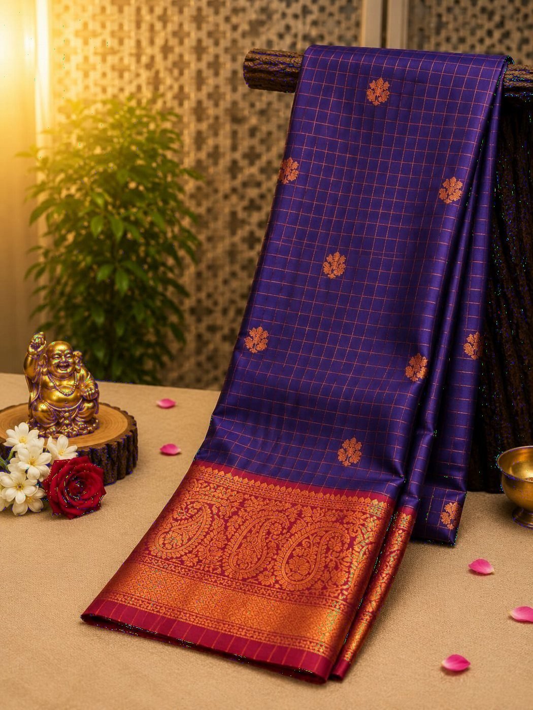 Checked Soft Silk Saree with Zari Buttas