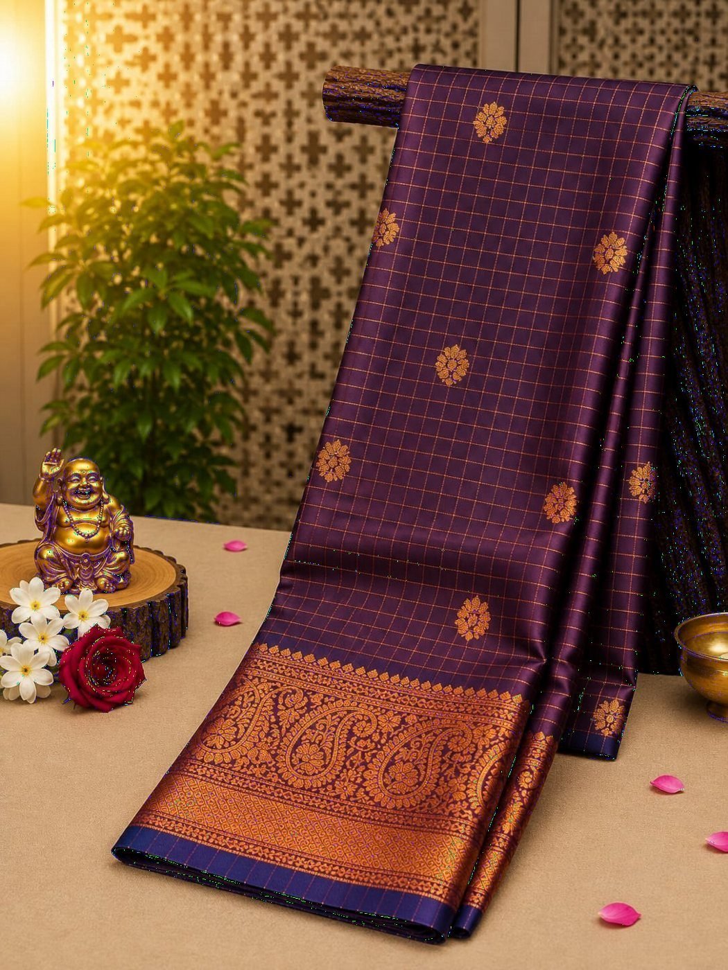 Checked Soft Silk Saree with Zari Buttas