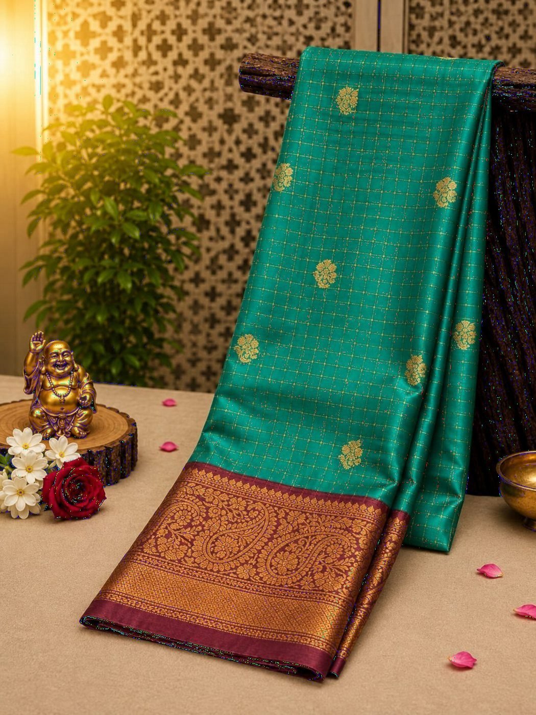 Checked Soft Silk Saree with Zari Buttas