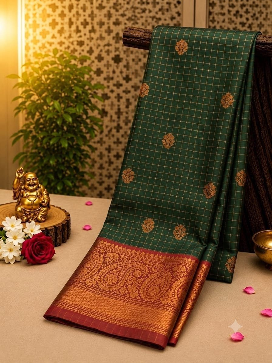 Checked Soft Silk Saree with Zari Buttas