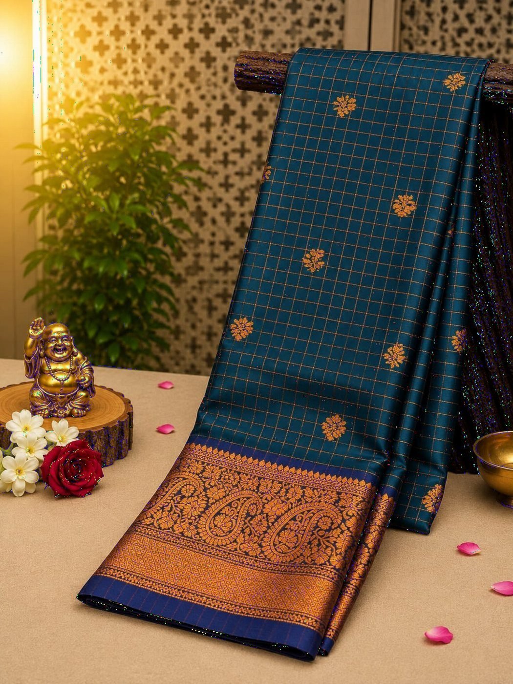 Checked Soft Silk Saree with Zari Buttas