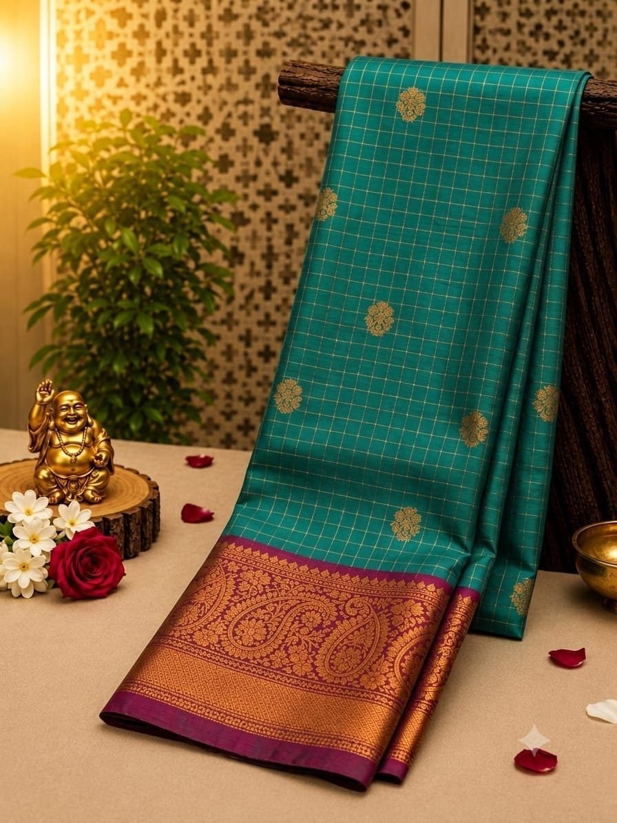 Checked Soft Silk Saree with Zari Buttas