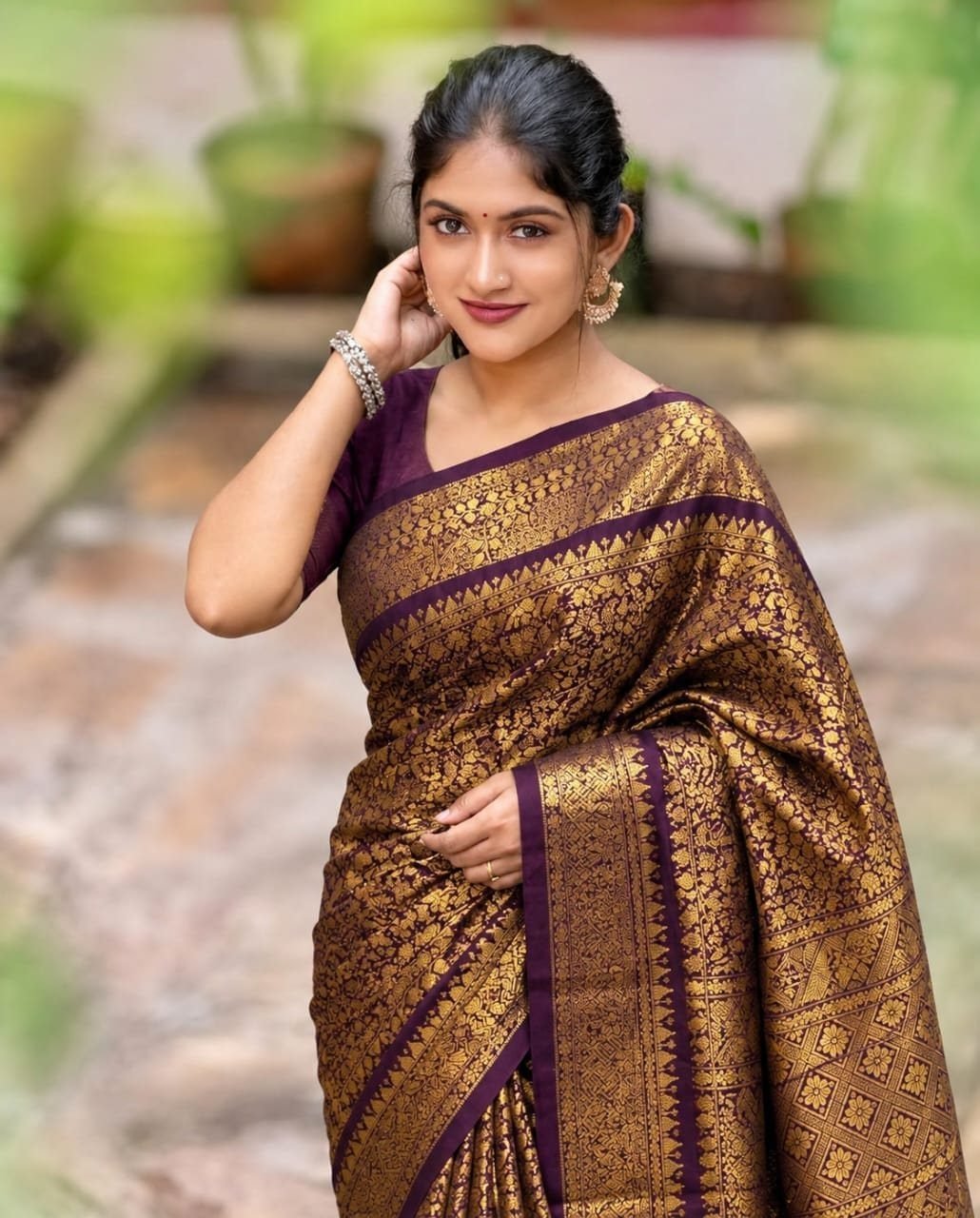 Wine Brocade Silk Saree, Gold Zari All Over