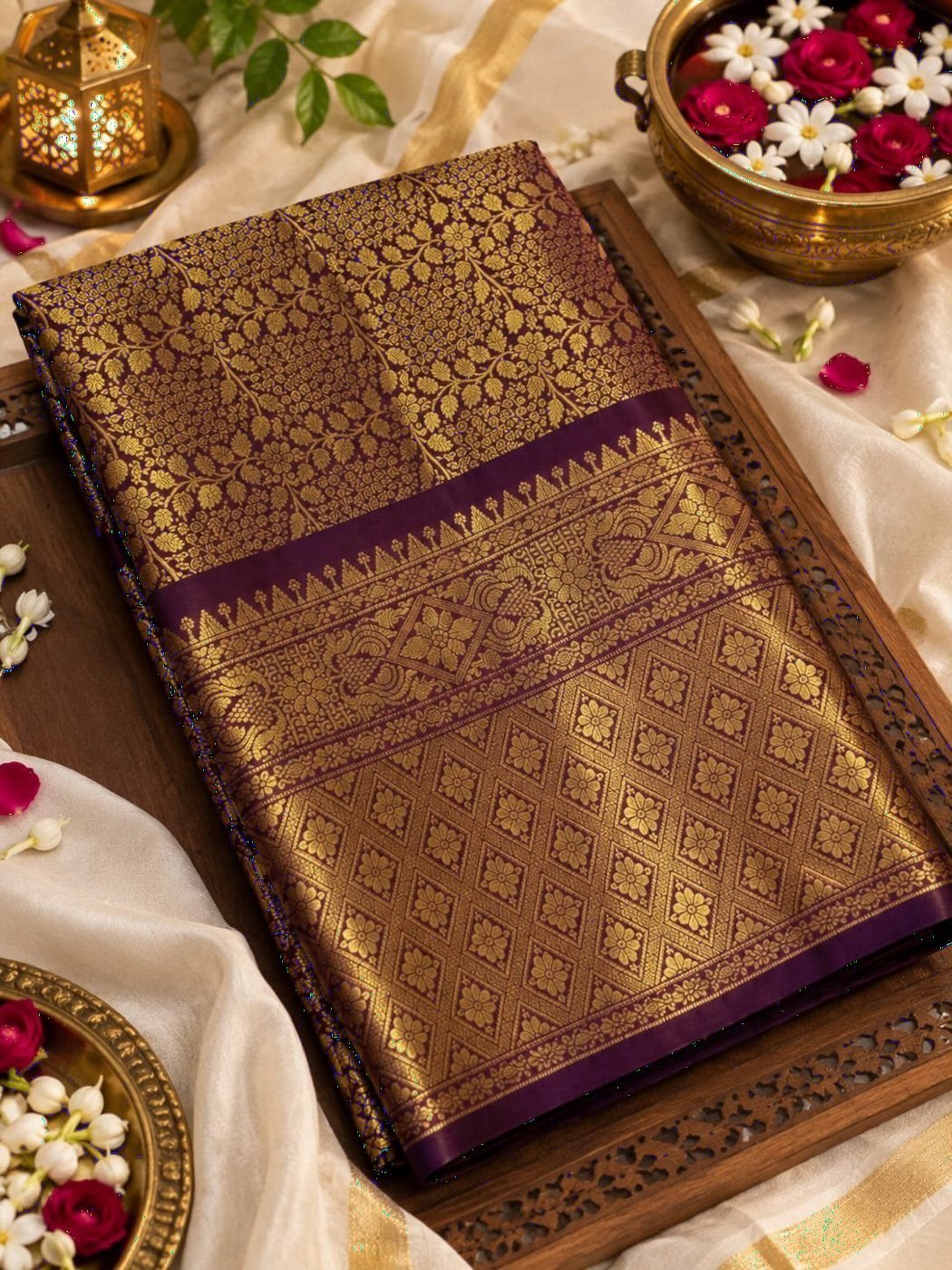 Wine Brocade Silk Saree, Gold Zari All Over