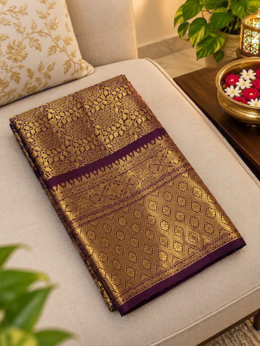 Wine Brocade Silk Saree, Gold Zari All Over