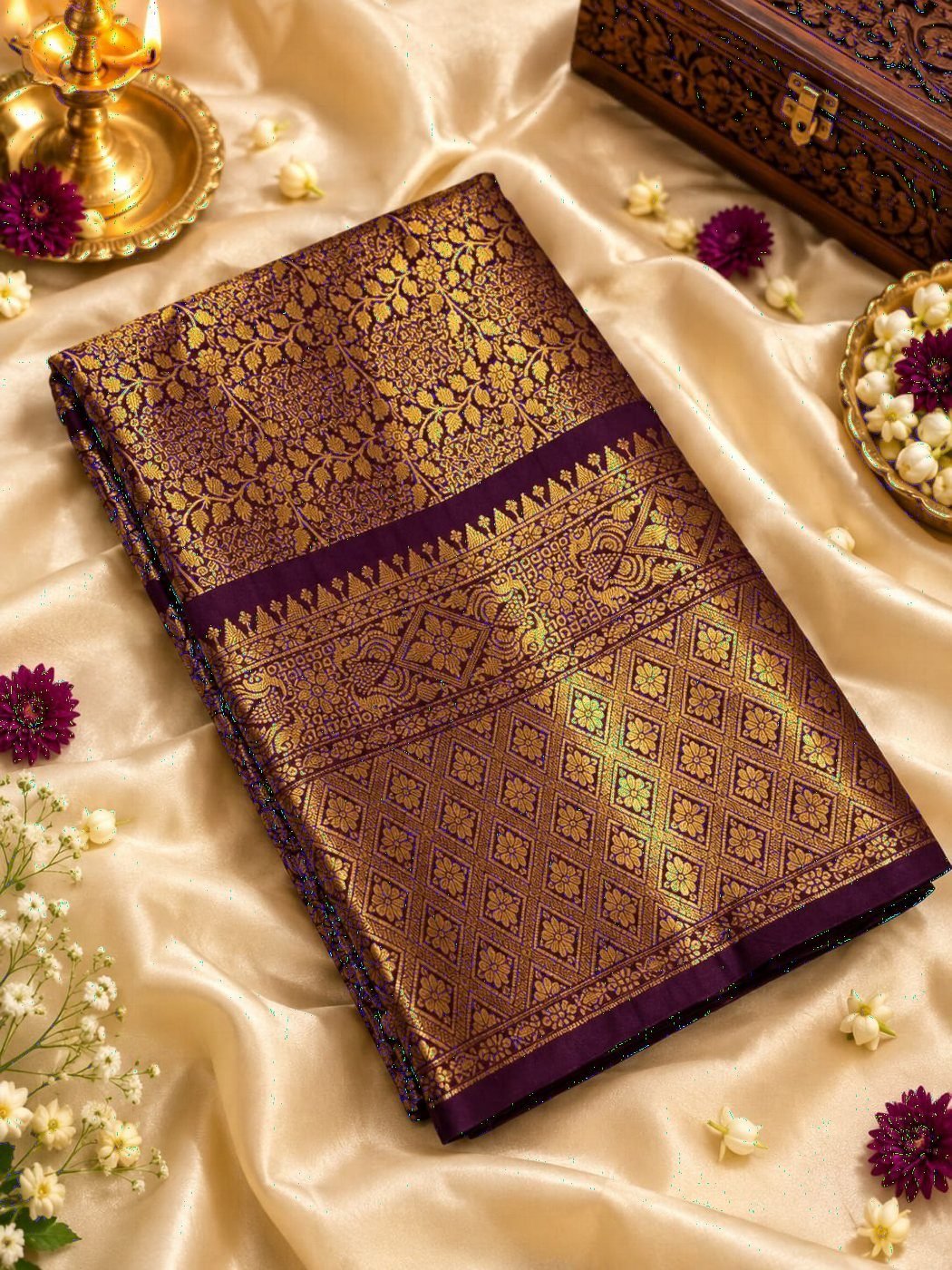 Wine Brocade Silk Saree, Gold Zari All Over