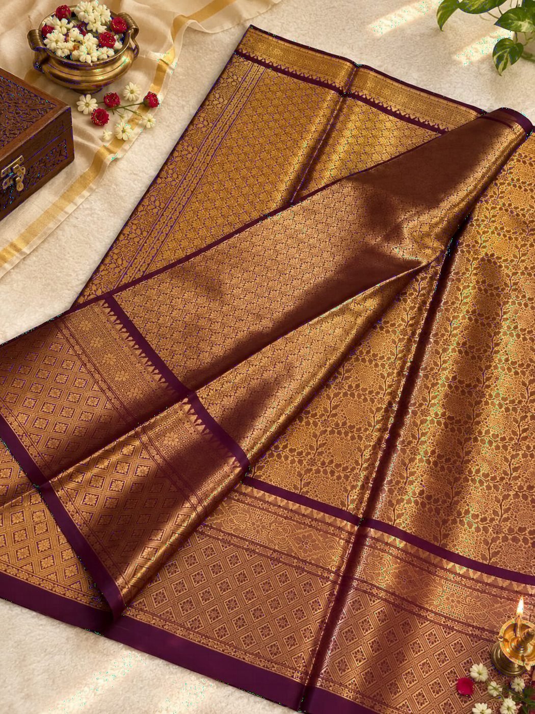 Wine Brocade Silk Saree, Gold Zari All Over