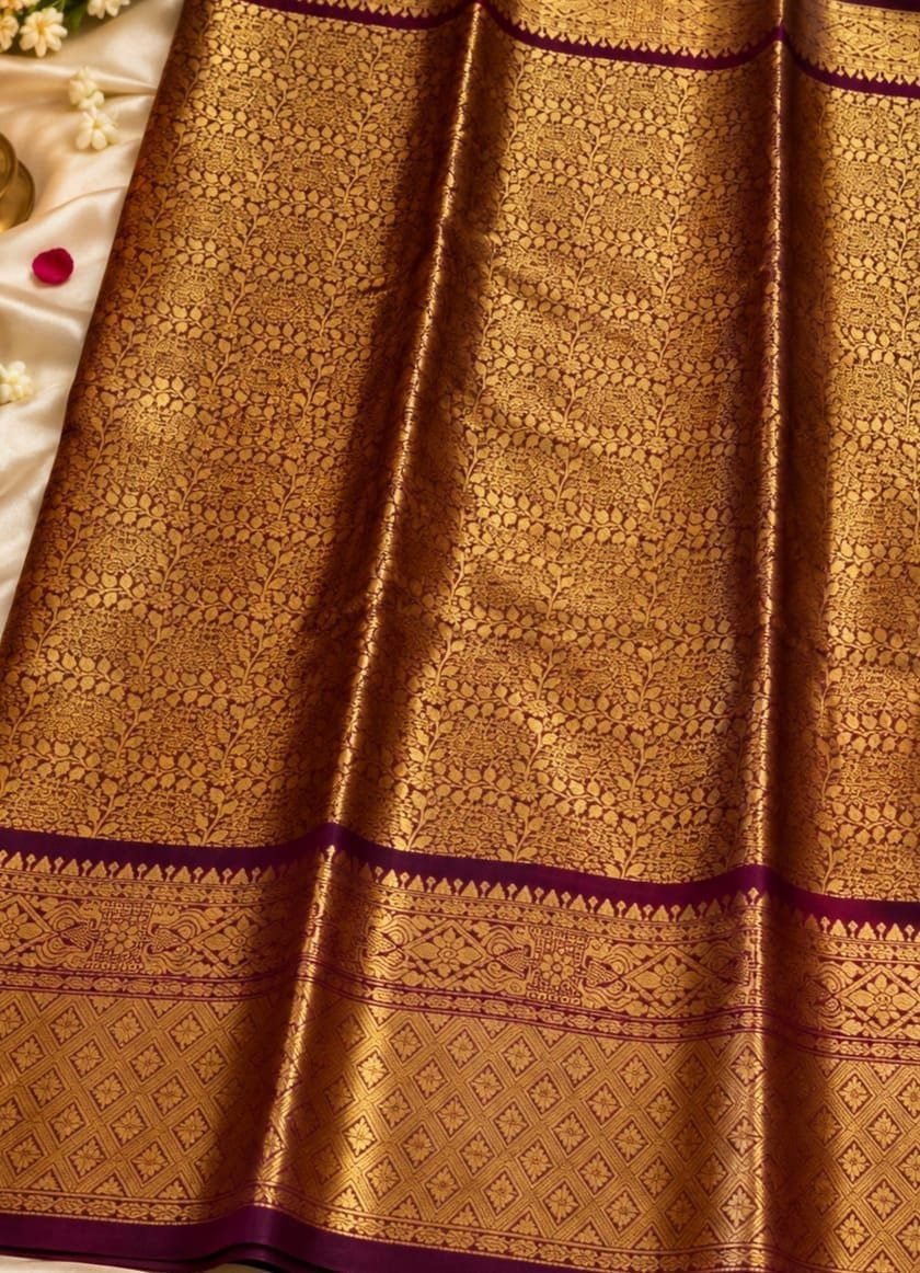 Wine Brocade Silk Saree, Gold Zari All Over