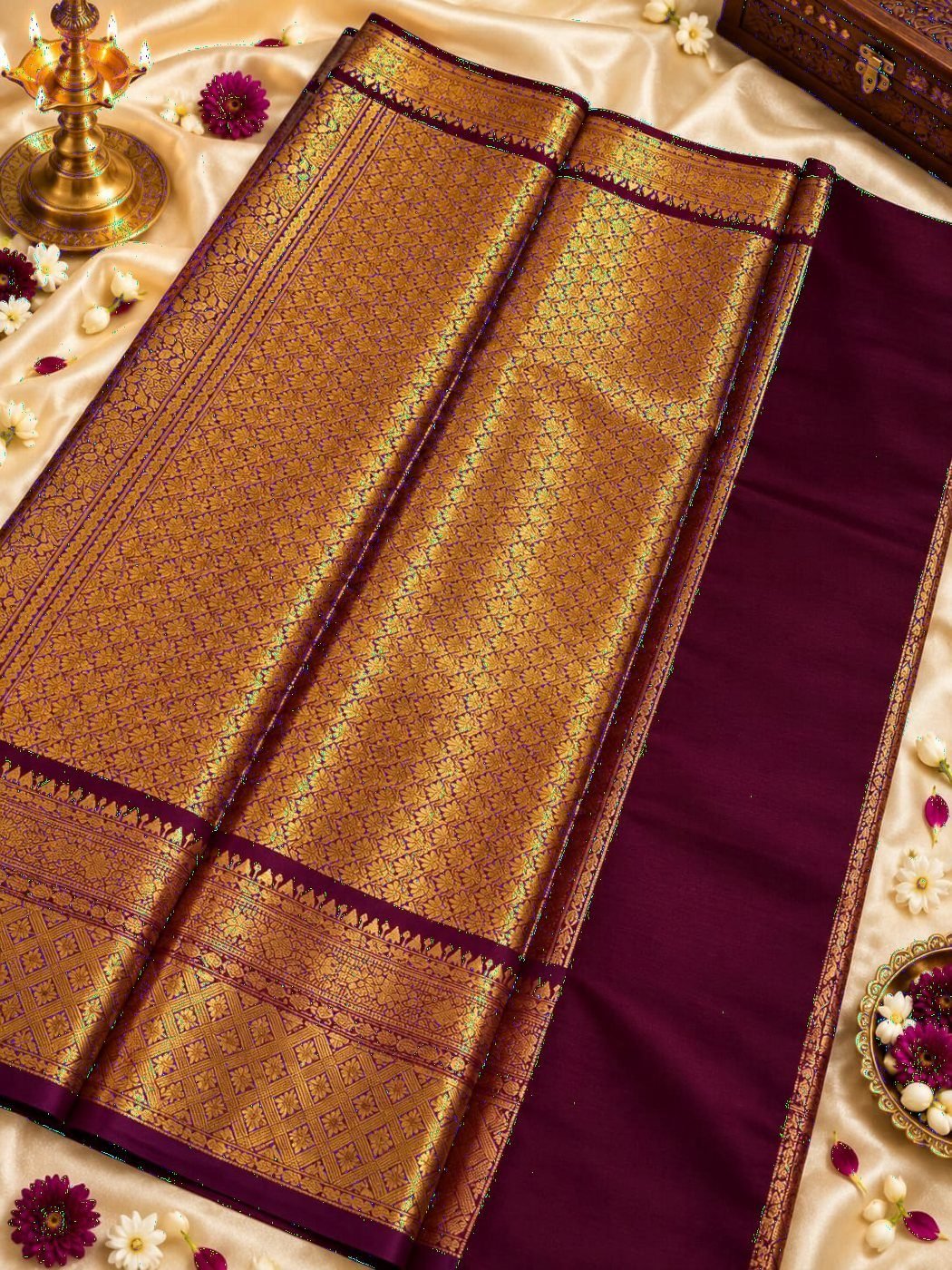 Wine Brocade Silk Saree, Gold Zari All Over