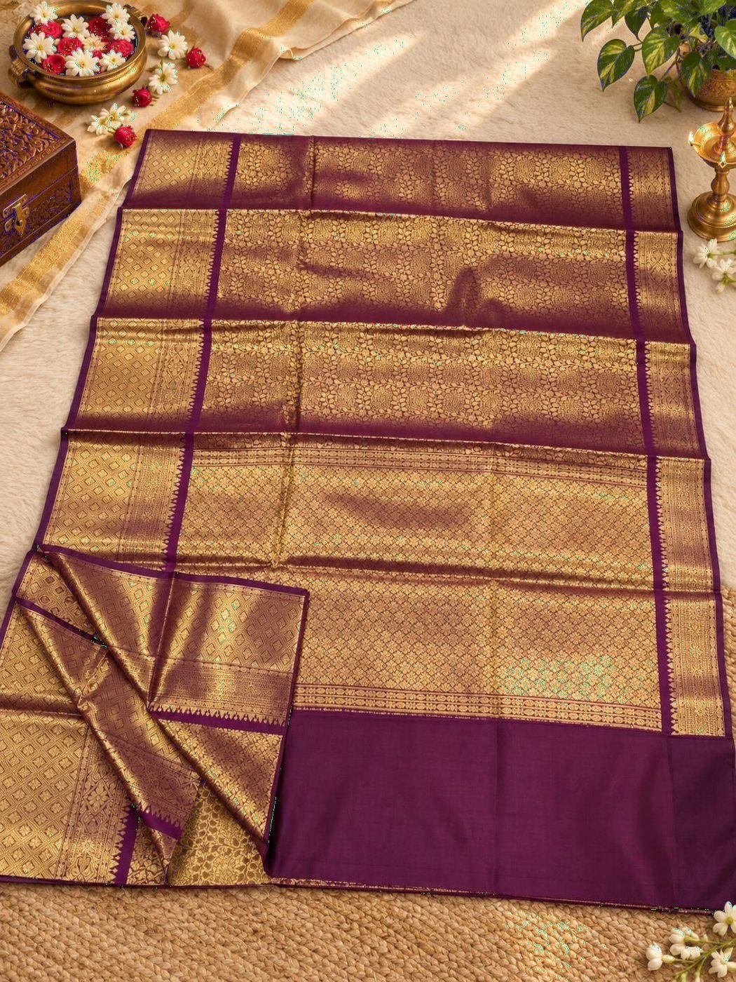 Wine Brocade Silk Saree, Gold Zari All Over