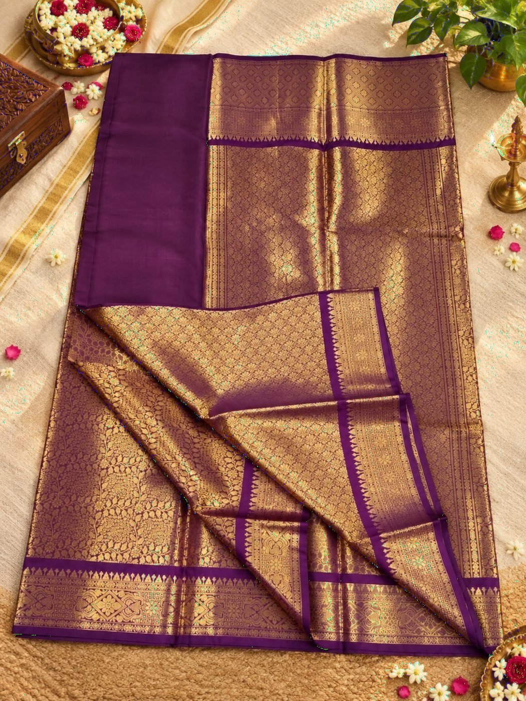 Wine Brocade Silk Saree, Gold Zari All Over