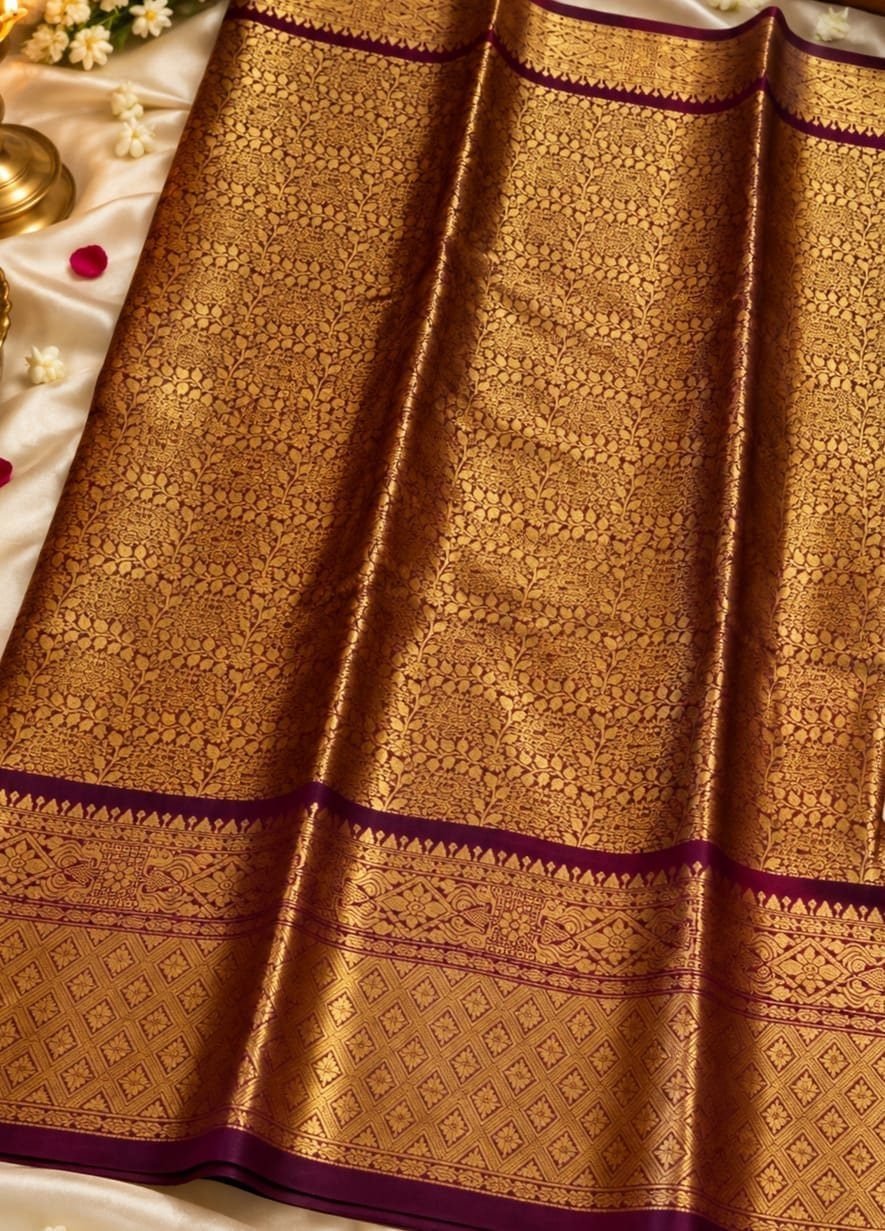 Wine Brocade Silk Saree, Gold Zari All Over