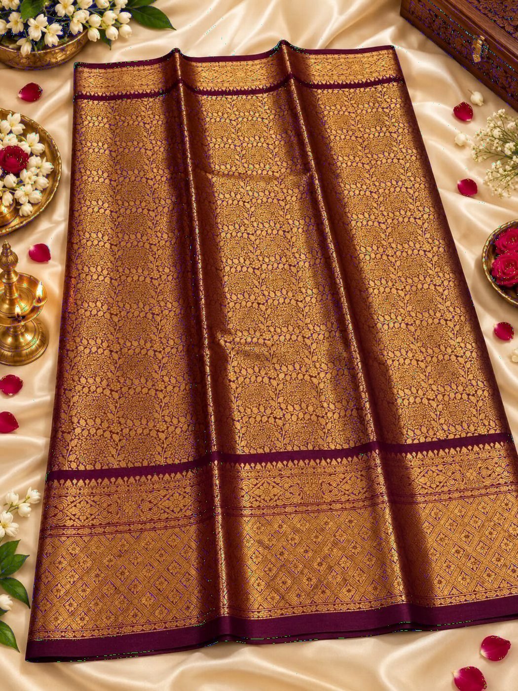 Wine Brocade Silk Saree, Gold Zari All Over