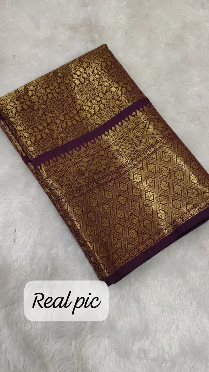 Wine Brocade Silk Saree, Gold Zari All Over