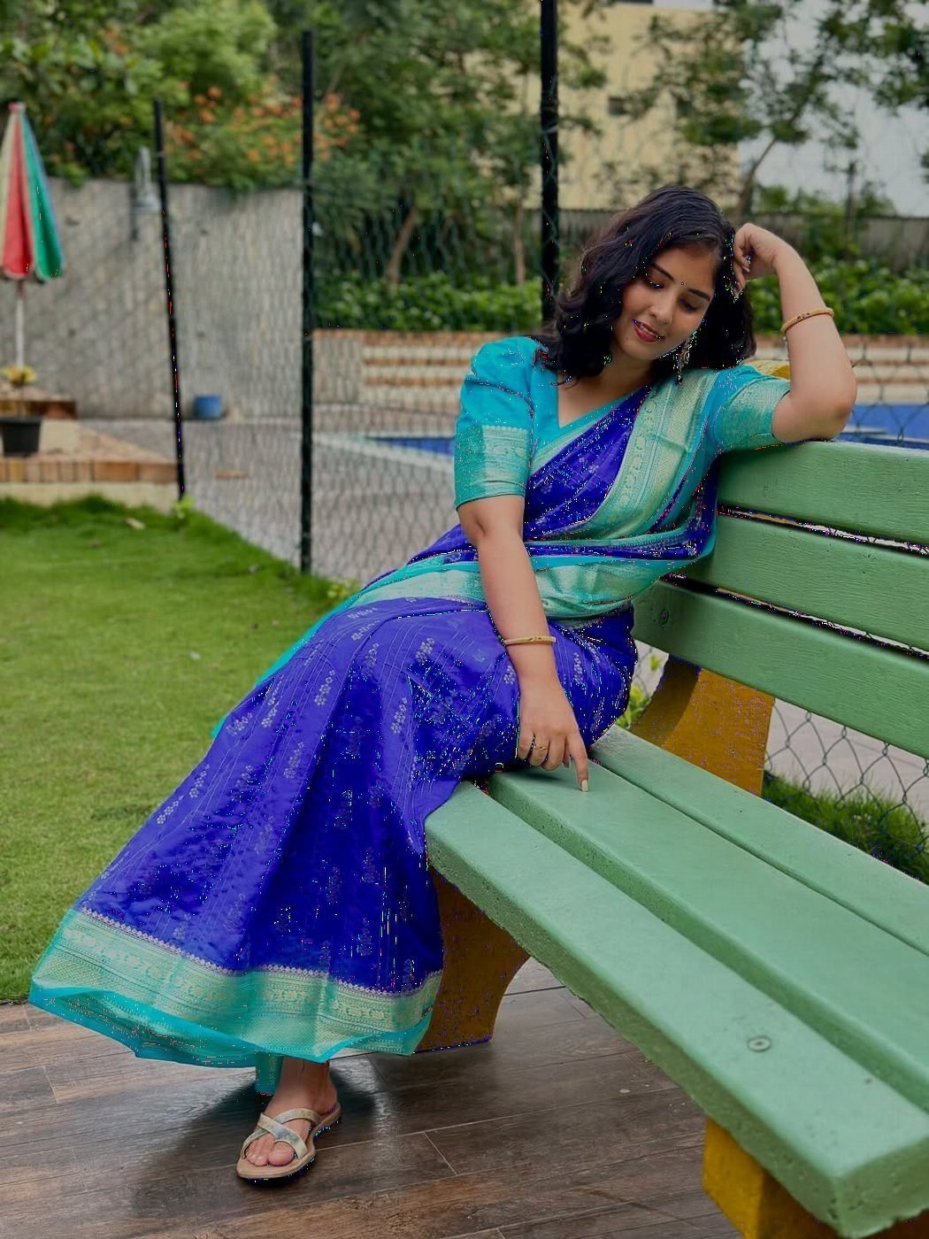 Royal Blue Silk Saree with Sky Blue Zari Border
