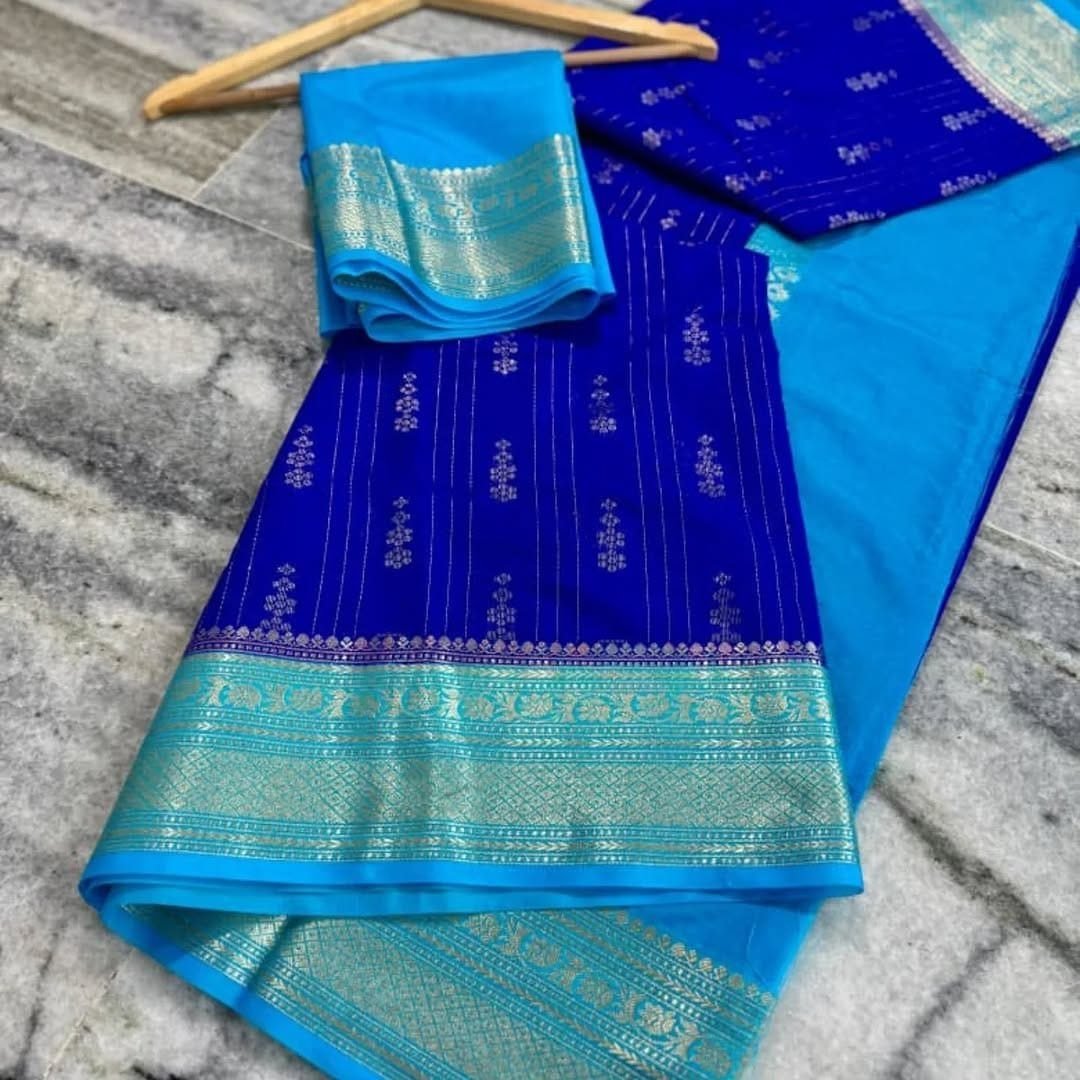 Royal Blue Silk Saree with Sky Blue Zari Border
