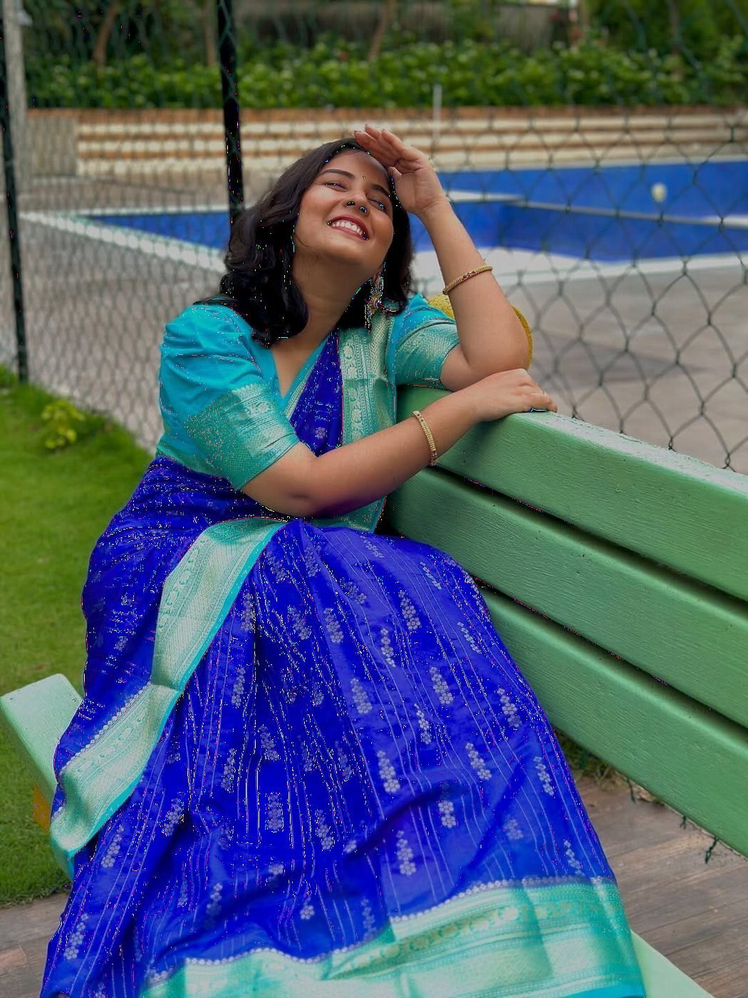 Royal Blue Silk Saree with Sky Blue Zari Border