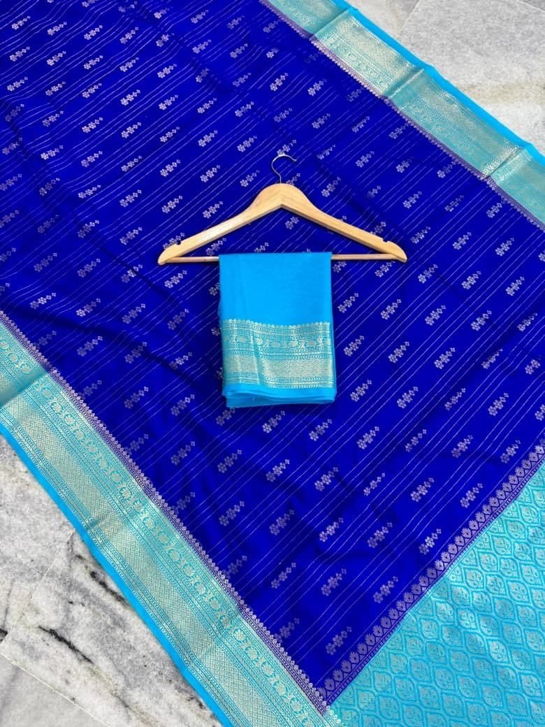 Royal Blue Silk Saree with Sky Blue Zari Border