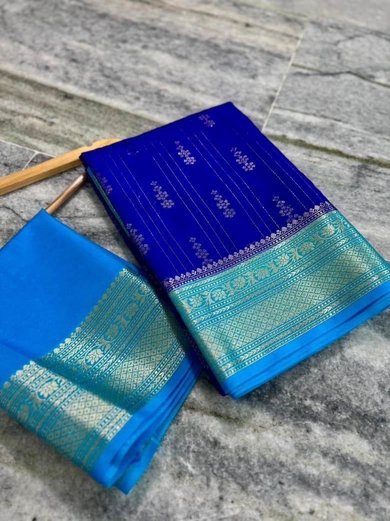 Royal Blue Silk Saree with Sky Blue Zari Border
