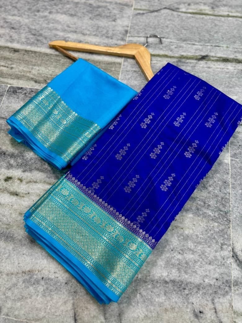 Royal Blue Silk Saree with Sky Blue Zari Border