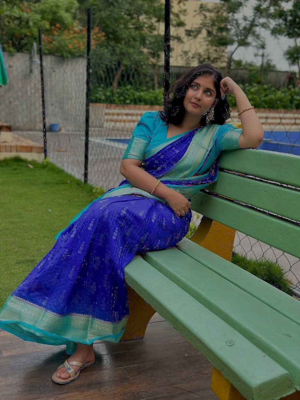 Royal Blue Silk Saree with Sky Blue Zari Border