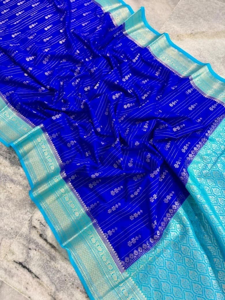 Royal Blue Silk Saree with Sky Blue Zari Border