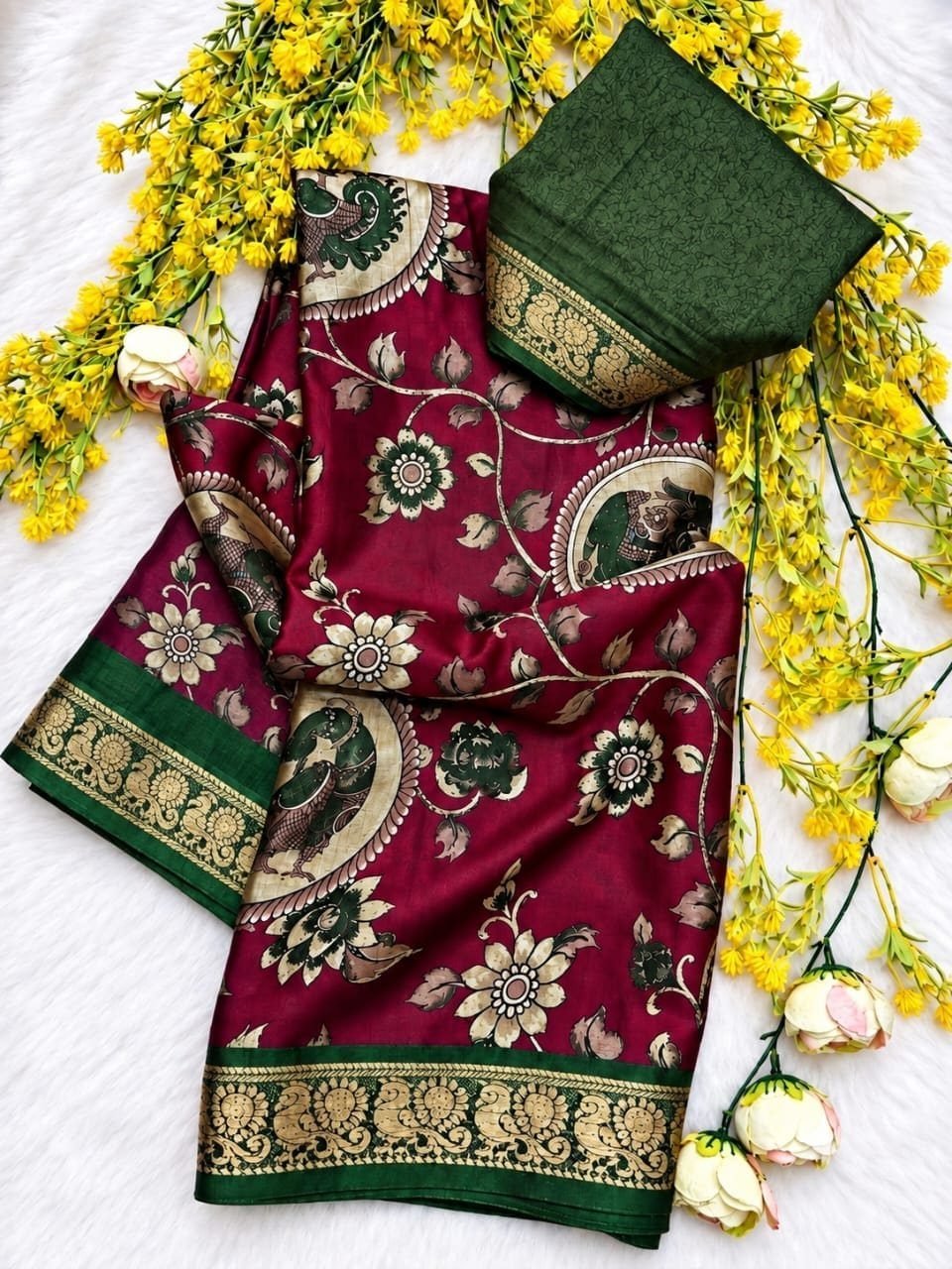 Kalamkari Print Silk Saree with Zari Border