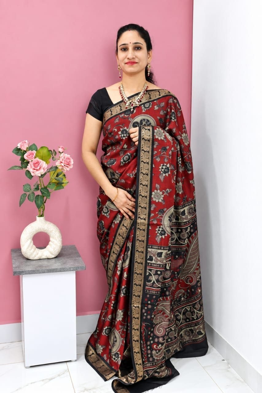 Kalamkari Print Silk Saree with Zari Border