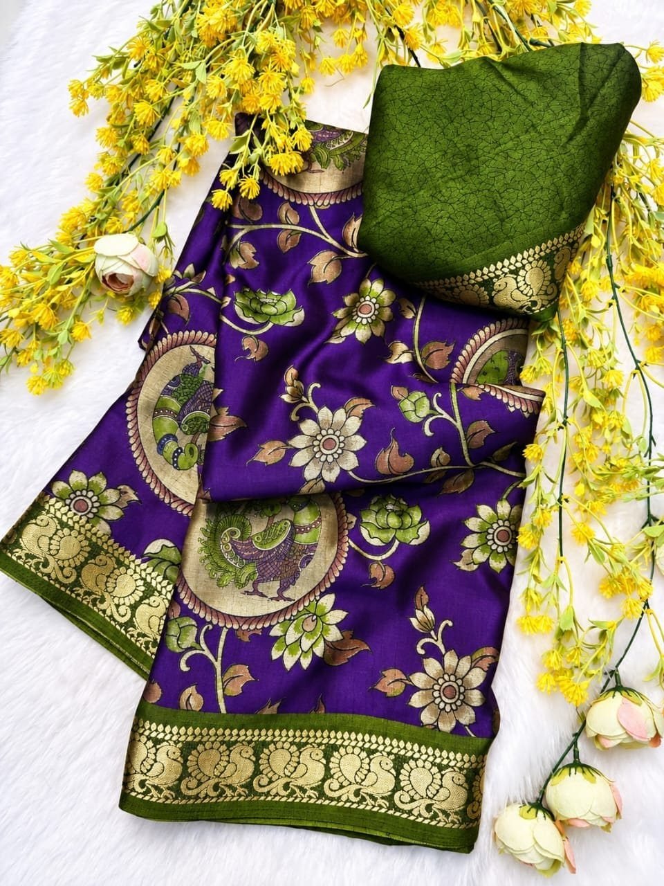 Kalamkari Print Silk Saree with Zari Border