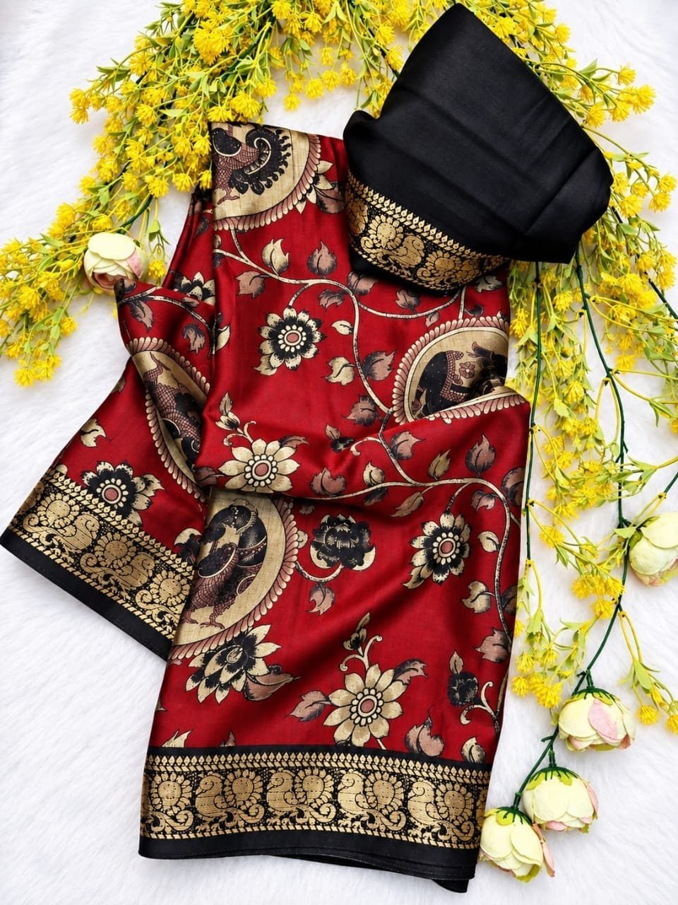 Kalamkari Print Silk Saree with Zari Border