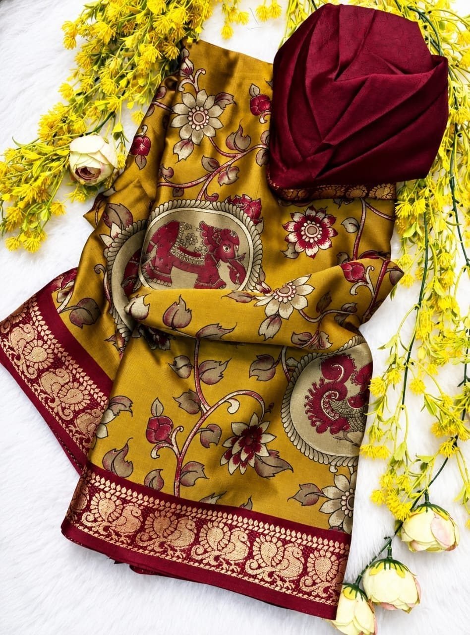 Kalamkari Print Silk Saree with Zari Border