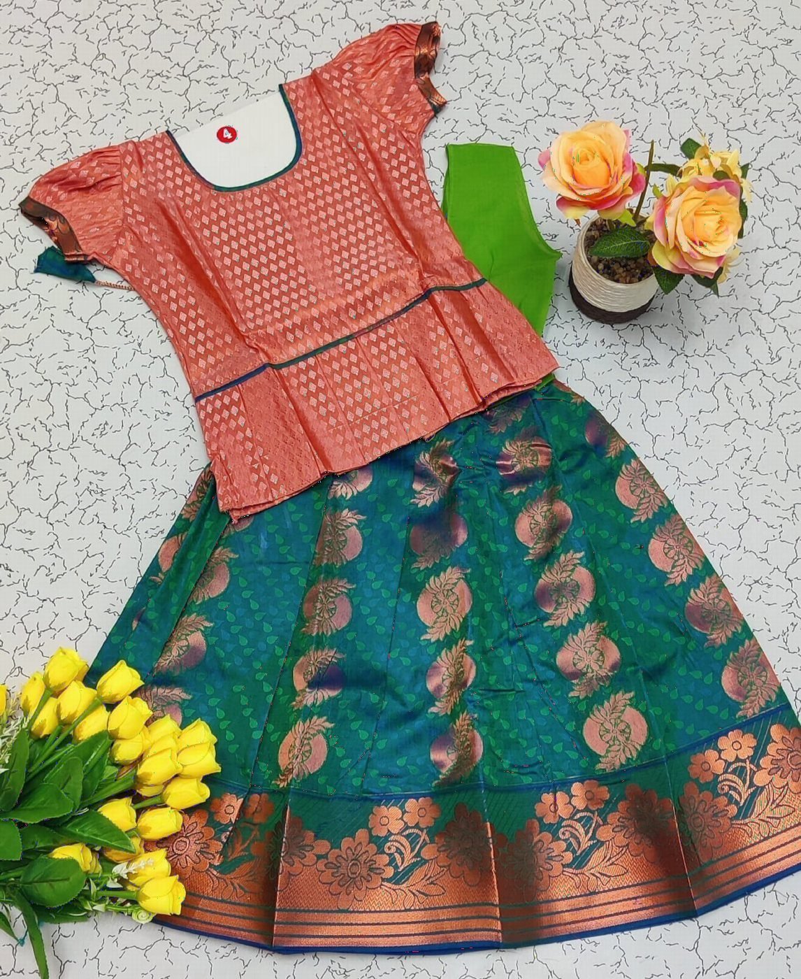 Coral and Teal Pattu Pavadai