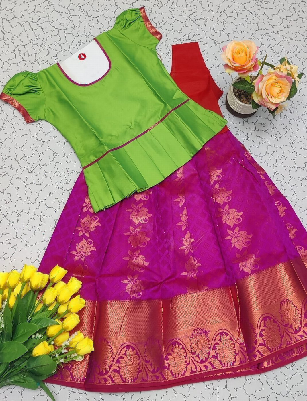 Green and Magenta Pattu Pavadai
