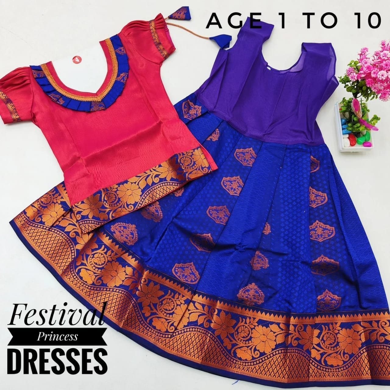 Festival Pink and Royal Blue Pavadai
