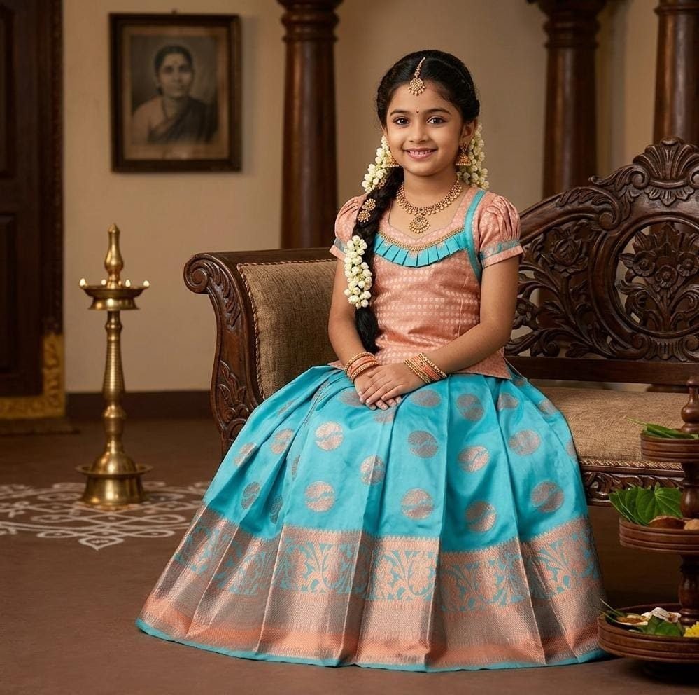 Sky Blue and Peach Silk Pavadai