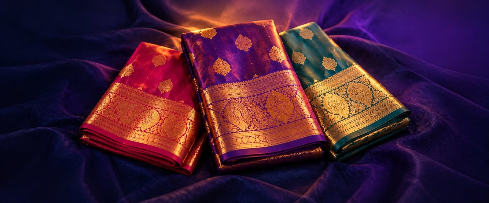 Three folded silk sarees in red, purple and green with gold zari borders