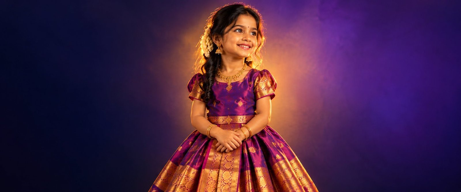 A smiling girl in a purple silk pattu pavadai with a gold zari border